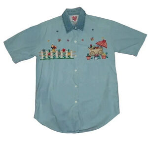 Vintage Keren Hart Gingham Floral Embroidered Spring Garden Button-Down